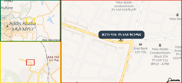 Map showing the address of ወጋገን ባንከ  የካ አባዶ ቅርንጫፍ in three different zoom levels.