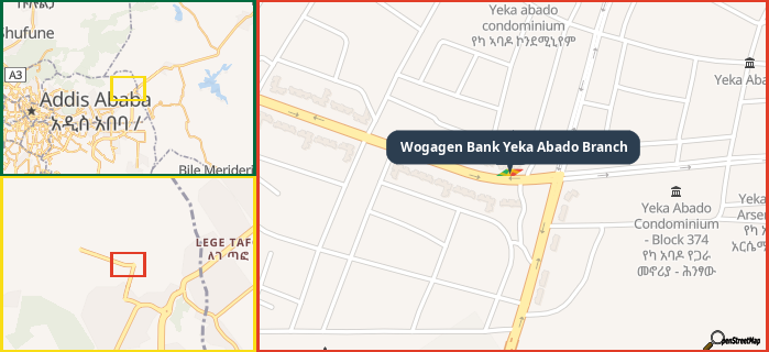 Map showing the address of Wogagen Bank Yeka Abado Branch in three different zoom levels.