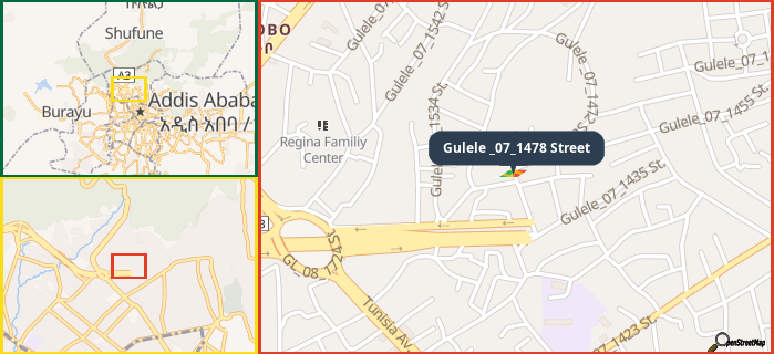 Map showing the address of Gulele _07_1478 Street in three different zoom levels.