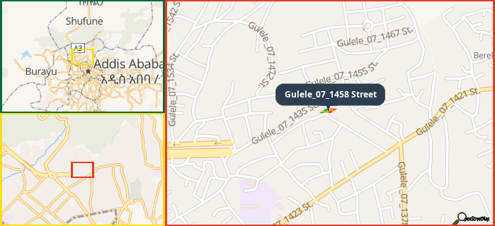 Map showing the address of Gulele_07_1458 Street in three different zoom levels.