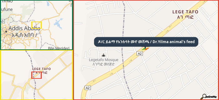 Map showing the address of ዶ/ር ይልማ የእንስሳት መኖ መሸጫ / Dr.Yilma animal's feed in three different zoom levels.