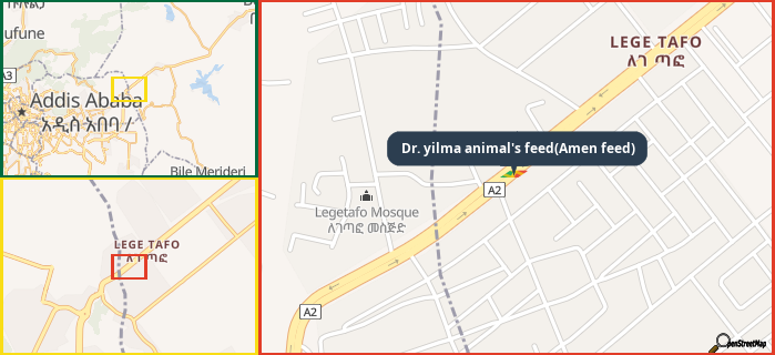 Map showing the address of Dr. yilma animal's feed(Amen feed) in three different zoom levels.