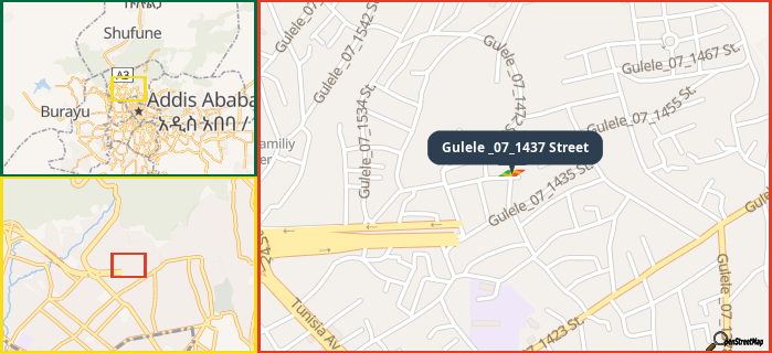 Map showing the address of Gulele _07_1437 Street in three different zoom levels.