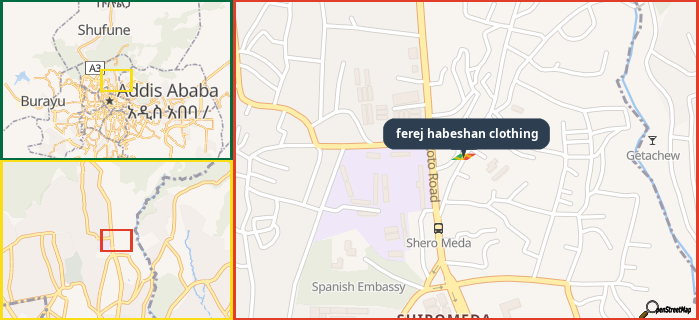 Map showing the address of ferej habeshan clothing in three different zoom levels.