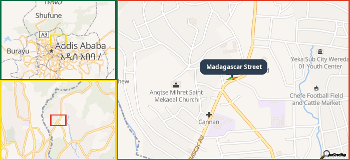 Map showing the address of Madagascar Street in three different zoom levels.