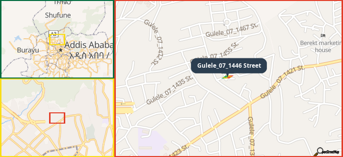 Map showing the address of Gulele_07_1446 Street in three different zoom levels.