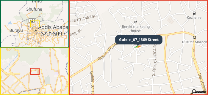 Map showing the address of Gulele _07_1369 Street in three different zoom levels.