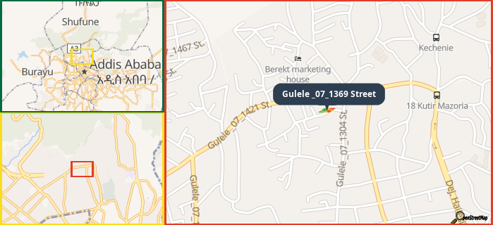 Map showing the address of Gulele _07_1369 Street in three different zoom levels.