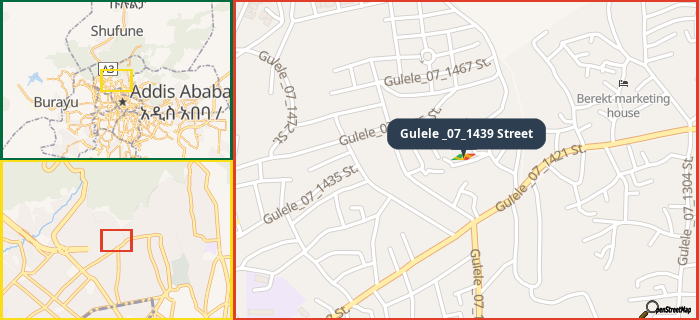 Map showing the address of Gulele _07_1439 Street in three different zoom levels.