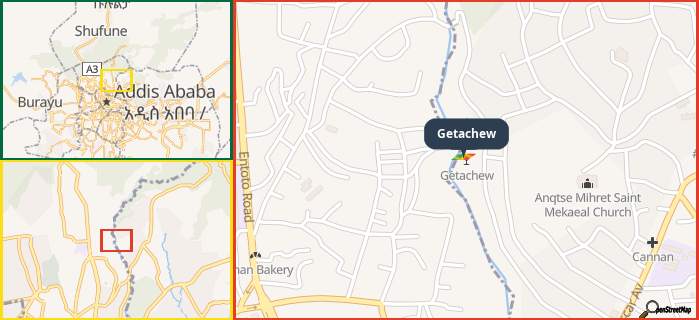 Map showing the address of Getachew in three different zoom levels.