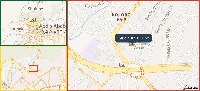 Map showing the address of Gulele_07_1550 St in three different zoom levels.