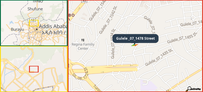 Map showing the address of Gulele _07_1478 Street in three different zoom levels.