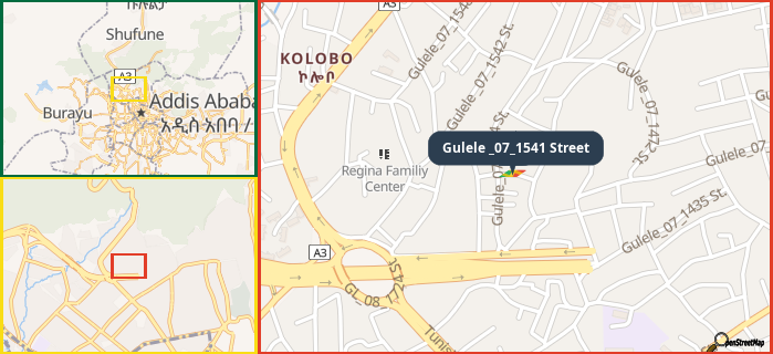 Map showing the address of Gulele _07_1541 Street in three different zoom levels.