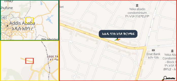 Map showing the address of አሐዱ ባንክ አባዶ ቅርንጫፍ in three different zoom levels.