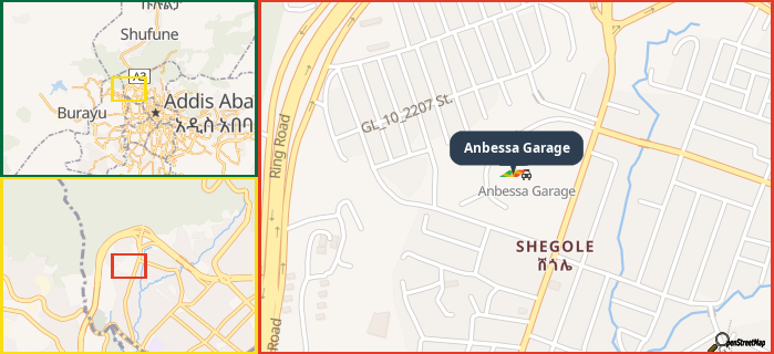 Map showing the address of Anbessa Garage in three different zoom levels.