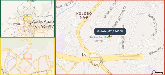 Map showing the address of Gulele _07_1540 St in three different zoom levels.