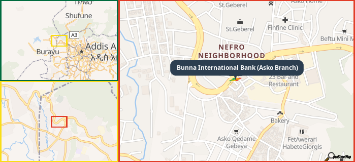 Map showing the address of Bunna International Bank (Asko Branch) in three different zoom levels.