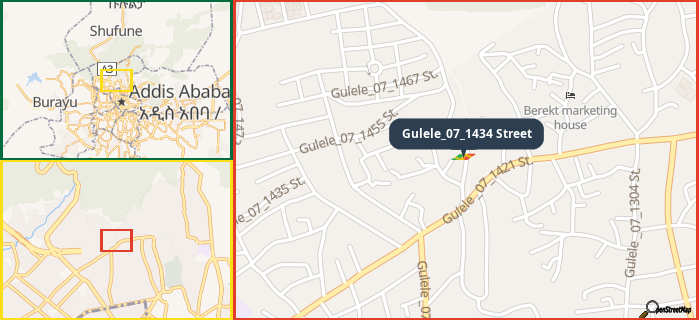Map showing the address of Gulele_07_1434 Street in three different zoom levels.