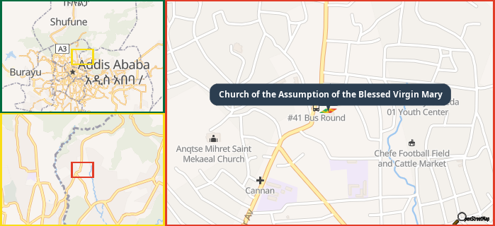 Map showing the address of Church of the Assumption of the Blessed Virgin Mary in three different zoom levels.