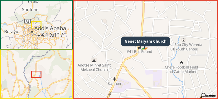 Map showing the address of Genet Maryam Church in three different zoom levels.