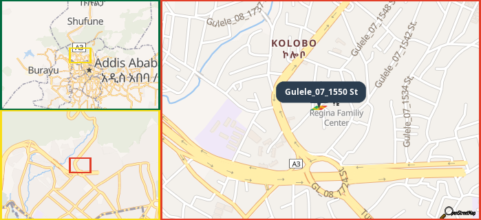 Map showing the address of Gulele_07_1550 St in three different zoom levels.