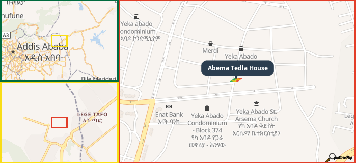 Map showing the address of Abema Tedla House in three different zoom levels.
