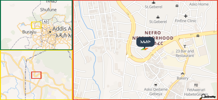 Map showing the address of አሌስኮ in three different zoom levels.