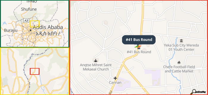 Map showing the address of #41 Bus Round in three different zoom levels.