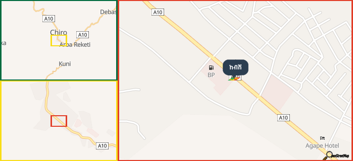 Map showing the address of ከብሽ in three different zoom levels.