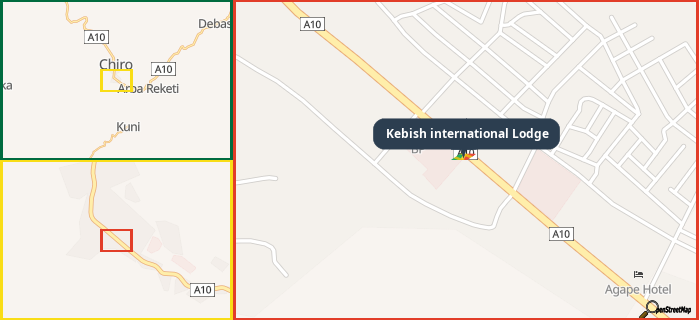 Map showing the address of Kebish international Lodge in three different zoom levels.