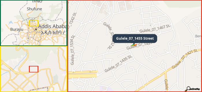 Map showing the address of Gulele_07_1455 Street in three different zoom levels.