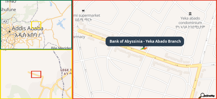 Map showing the address of Bank of Abyssinia - Yeka Abado Branch in three different zoom levels.