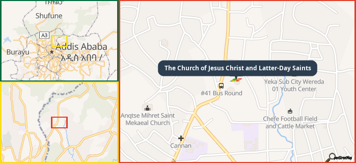 Map showing the address of The Church of Jesus Christ and Latter-Day Saints in three different zoom levels.