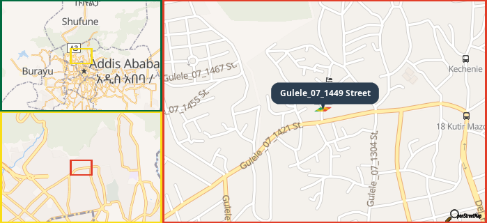Map showing the address of Gulele_07_1449 Street in three different zoom levels.
