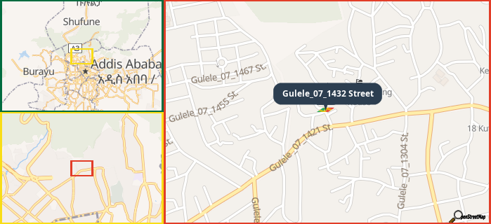Map showing the address of Gulele_07_1432 Street in three different zoom levels.