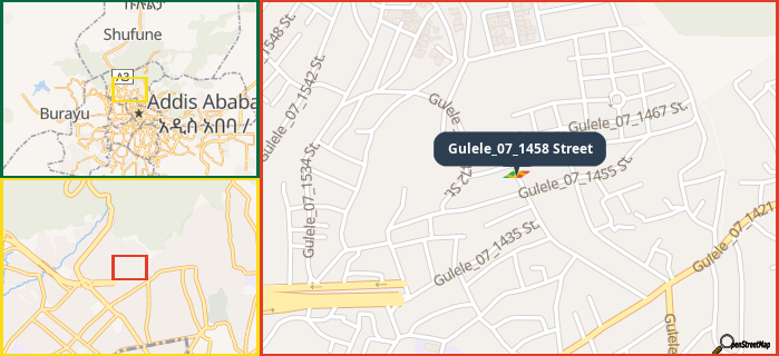 Map showing the address of Gulele_07_1458 Street in three different zoom levels.