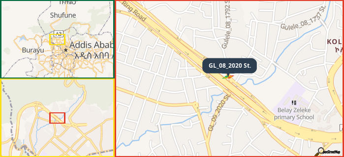 Map showing the address of GL_08_2020 St. in three different zoom levels.