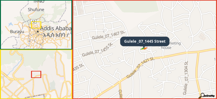 Map showing the address of Gulele _07_1445 Street in three different zoom levels.
