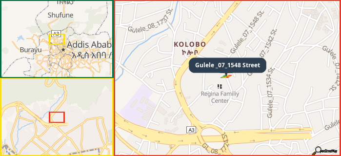 Map showing the address of Gulele _07_1548 Street in three different zoom levels.