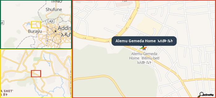 Map showing the address of Alemu Gemeda Home  አለሙ ቤት in three different zoom levels.