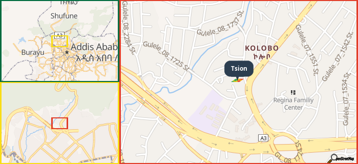 Map showing the address of Tsion in three different zoom levels.