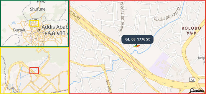 Map showing the address of GL_08_1776 St in three different zoom levels.