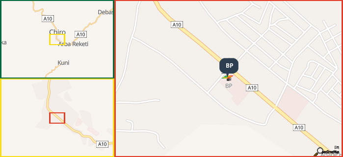 Map showing the address of BP in three different zoom levels.