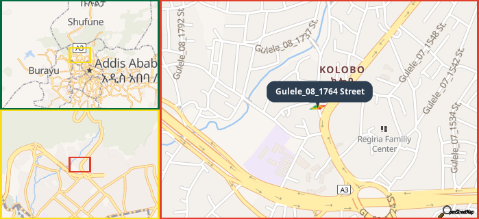 Map showing the address of Gulele_08_1764 Street in three different zoom levels.