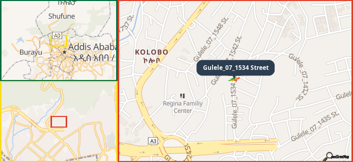 Map showing the address of Gulele_07_1534 Street in three different zoom levels.