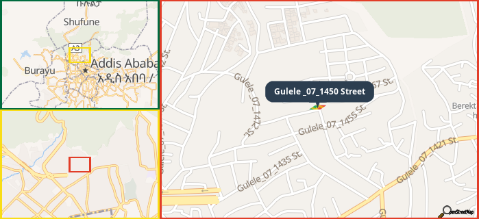 Map showing the address of Gulele _07_1450 Street in three different zoom levels.