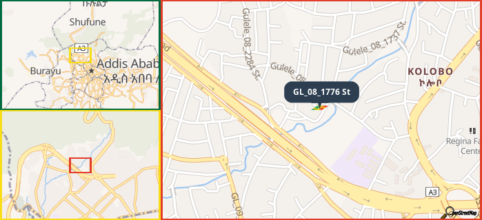 Map showing the address of GL_08_1776 St in three different zoom levels.