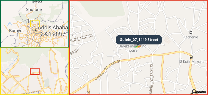 Map showing the address of Gulele_07_1449 Street in three different zoom levels.