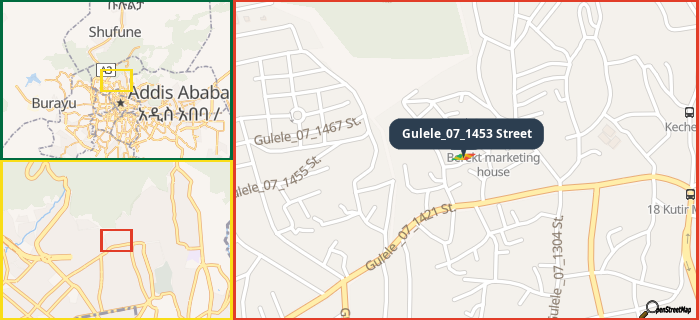 Map showing the address of Gulele_07_1453 Street in three different zoom levels.