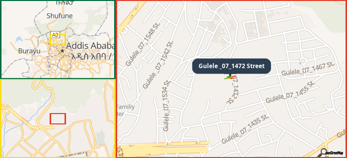Map showing the address of Gulele _07_1472 Street in three different zoom levels.